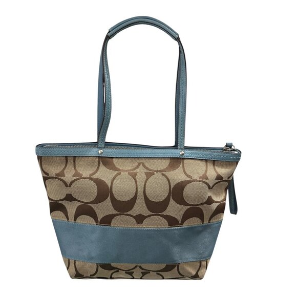 Coach Signature Stripe Purse Tote Shoulder Bag Khaki & Powder Blue F13548 - Picture 3 of 10